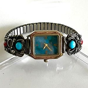 Signed, Navajo Vintage Turquoise Coral Sterling Silver Watch Tips